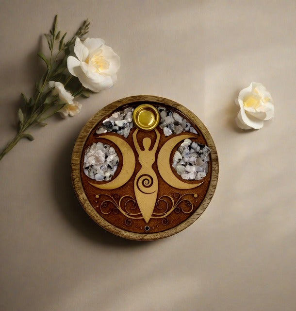 Engraved Wooden Incense Holders with Crystal Inlay