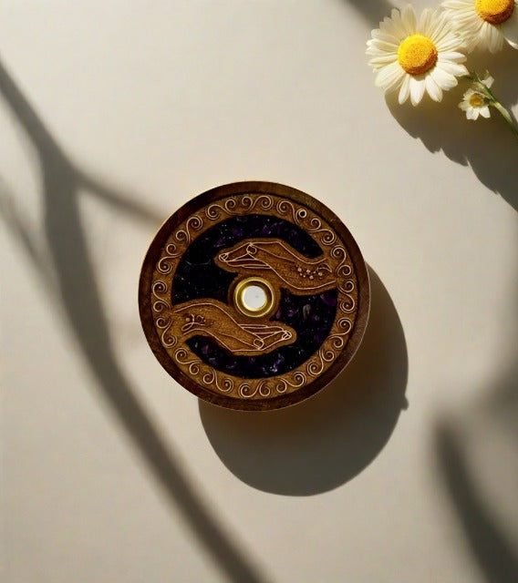 Engraved Wooden Incense Holders with Crystal Inlay