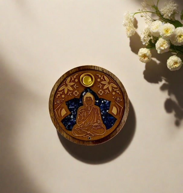 Engraved Wooden Incense Holders with Crystal Inlay